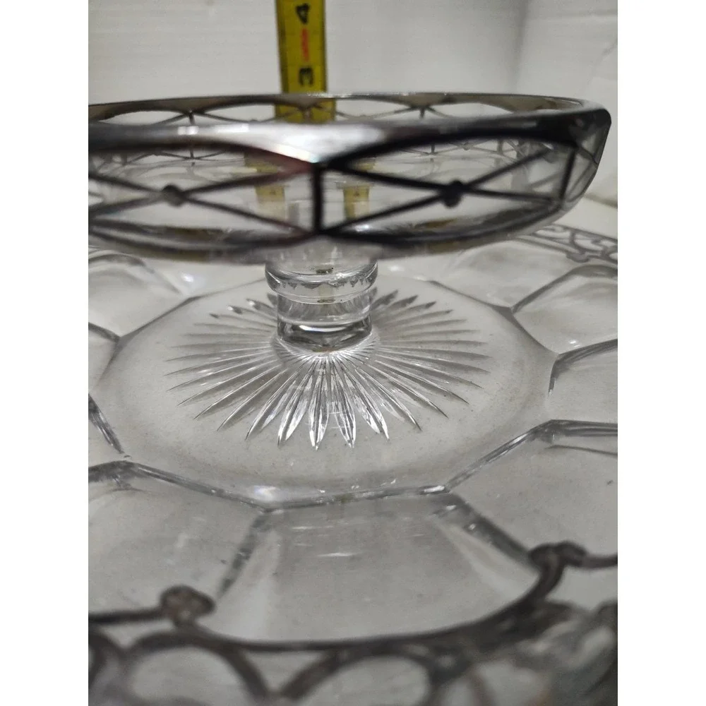 Sterling Silver Overlay Tiered Tray Cut Crystal Star Bottom Ornate Heisey Clear